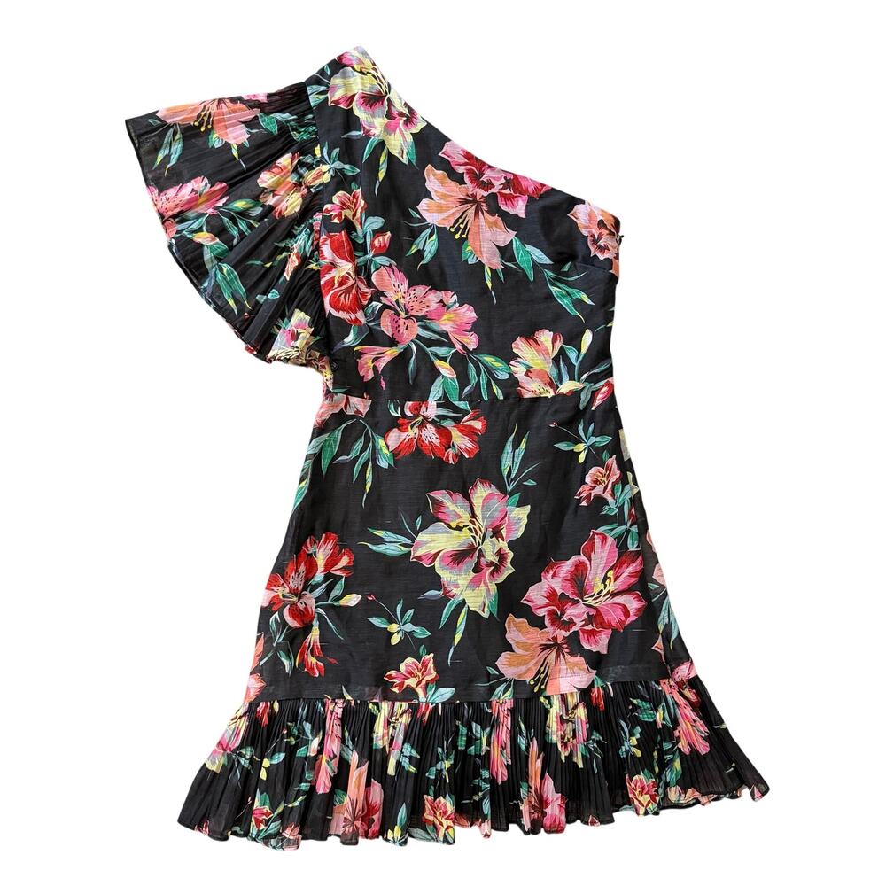 La Maison Talulah Silk Linen Cotton Floral Pleated Frill Hem Mini Dress XS